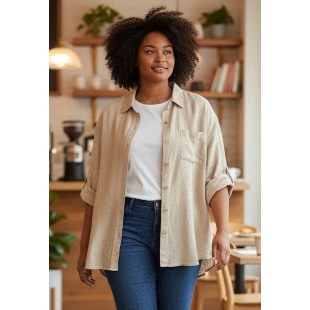 N Touch Linen Blend Button Shirt 2X Tan Beige Short Sleeve Pocket Top